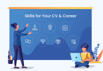 A person points to different pictograms representing various skills for a CV while a job hunter sits down to write their CV.