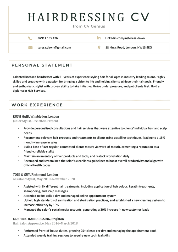 A hairdressing CV example