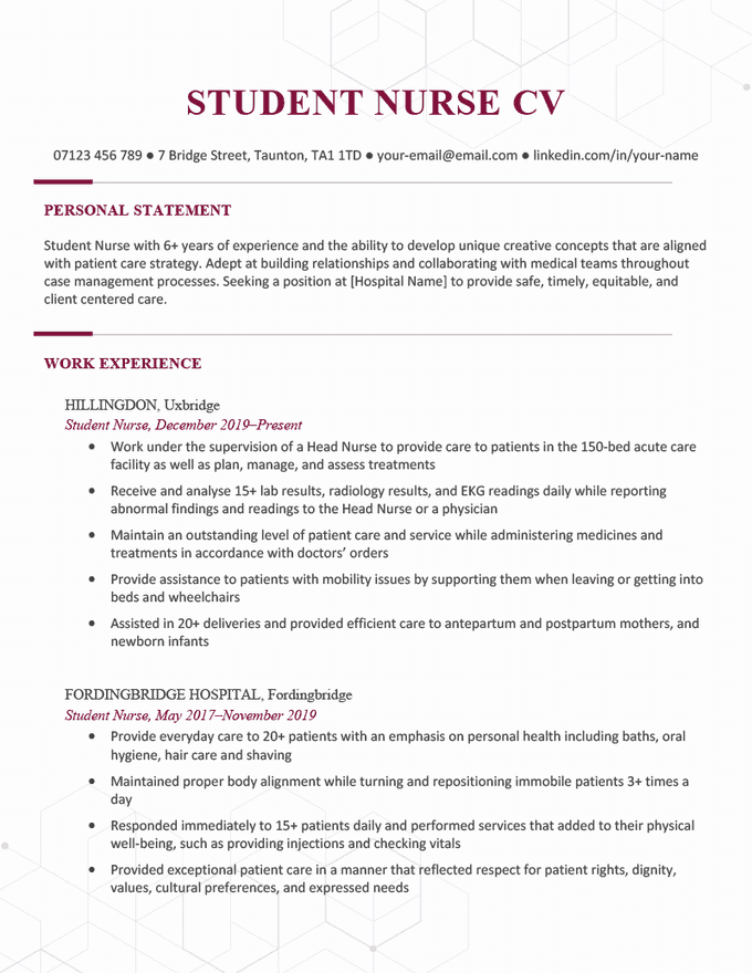 The first page of a student nurse CV example on a template with burgundy coloured headers to accentuate each CV section