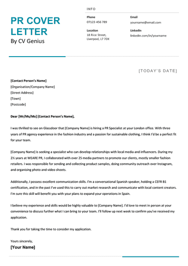 A PR cover letter template with blue header text and five paragraphs describing the applicant’s job-relevant skills and experience