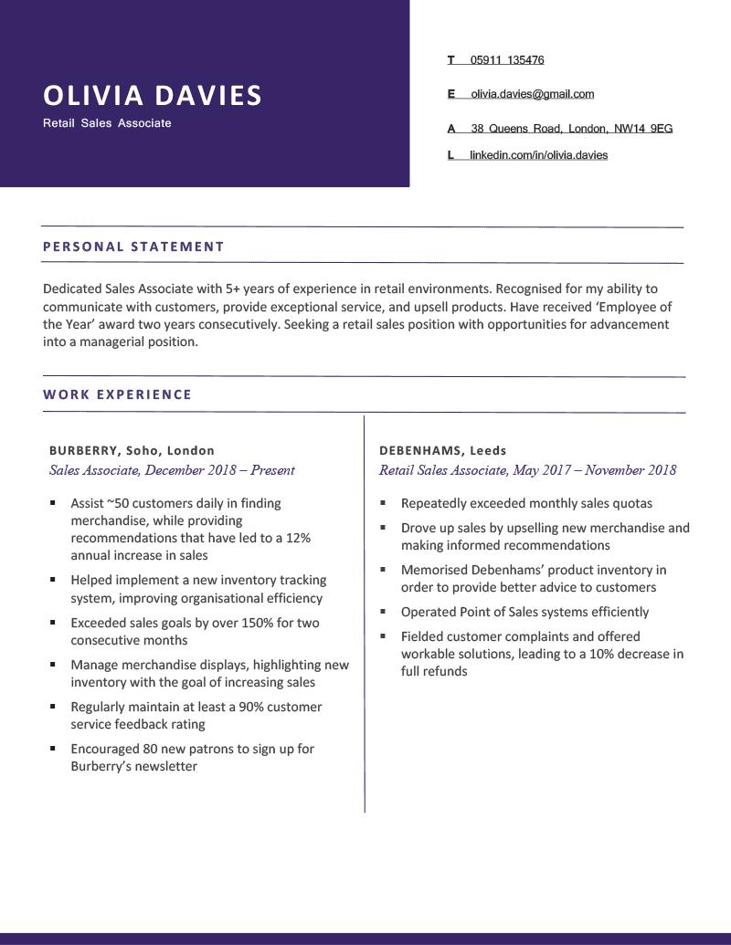 The Royal CV Template in purple
