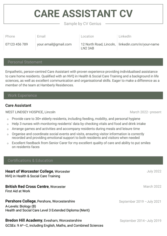 An example care assistant CV sample