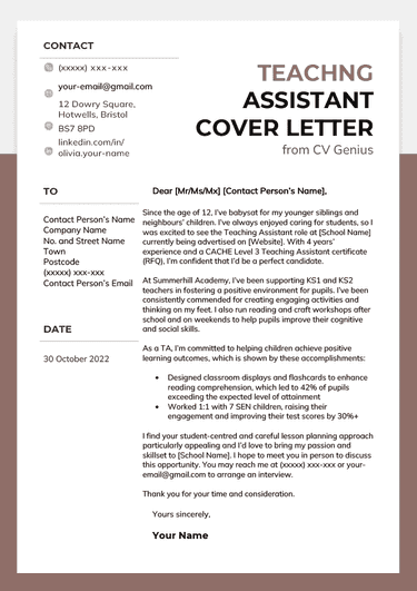 Cover letter for teaching assistant sample
