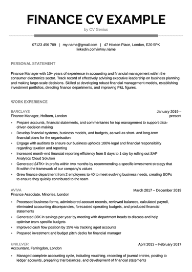 A grey finance CV example.