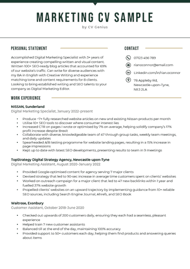 Marketing CV example for Microsoft Word that can be downloaded for free.