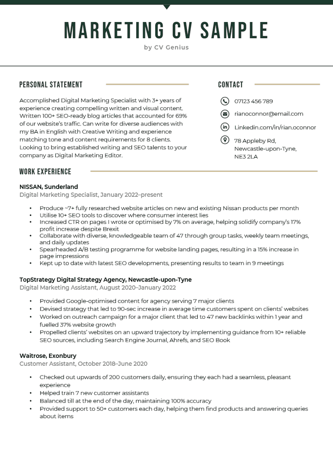 Marketing CV example for Microsoft Word that can be downloaded for free.