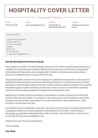 A hospitality cover letter example with a maroon header to help the applicant's name stand out to recruiters