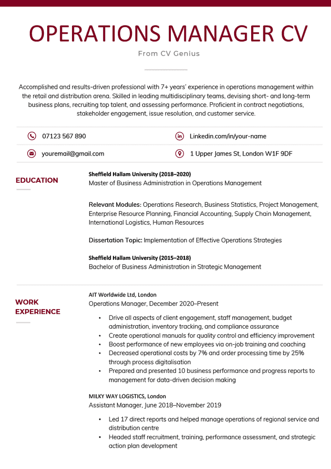 An operations manager CV example with a burgundy coloured heading to highlight the applicant's name as well as burgundy coloured icons placed beside the phone number, email, Linkedin, and address sections