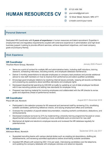 The first page of an HR CV example with blue header text, CV icons for each item in the contact information section, and sections for the applicant's personal statement and work experience section