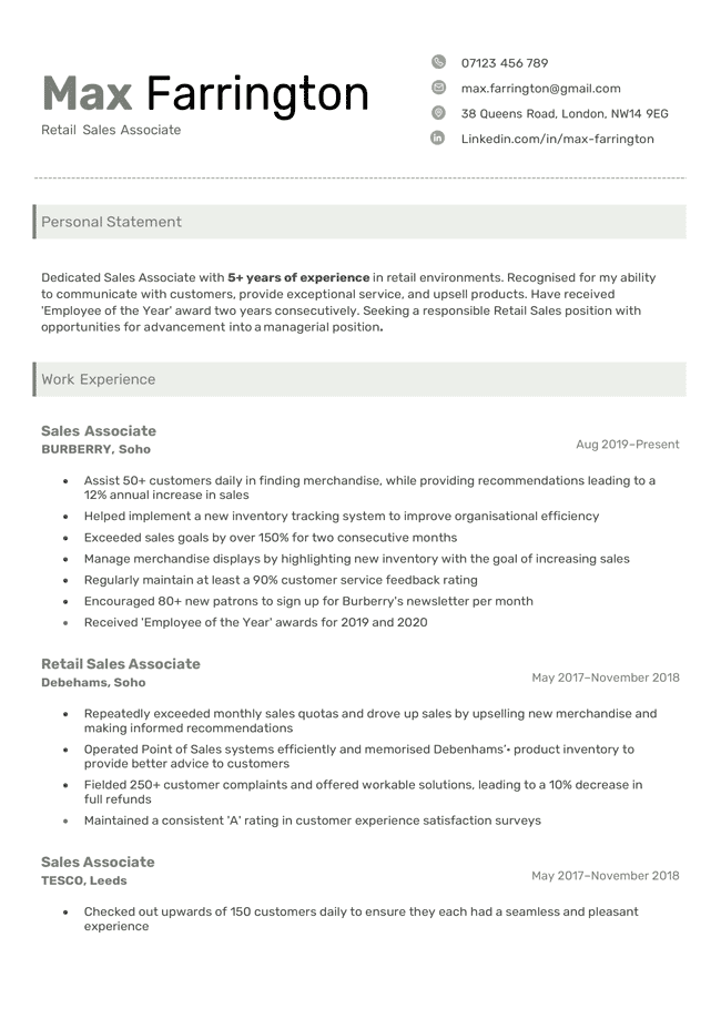 Green version of the Executive CV template
