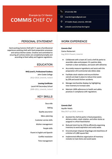 A commis chef CV example on a white template with a red and black split header that makes the candidate's name and contact information stand out