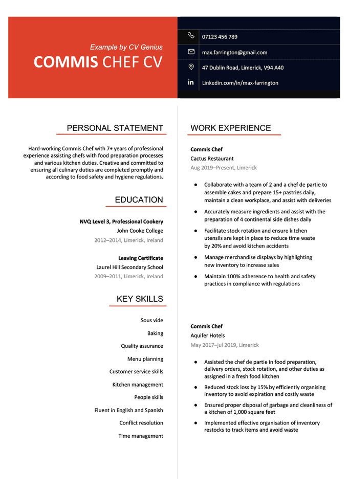 A commis chef CV example on a white template with a red and black split header that makes the candidate's name and contact information stand out