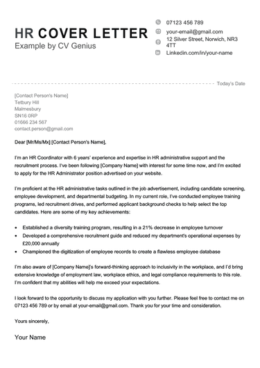 An HR cover letter example on a template with a blue and black header for the applicant's name, followed by blue graphic icons to highlight the applicant's contact details