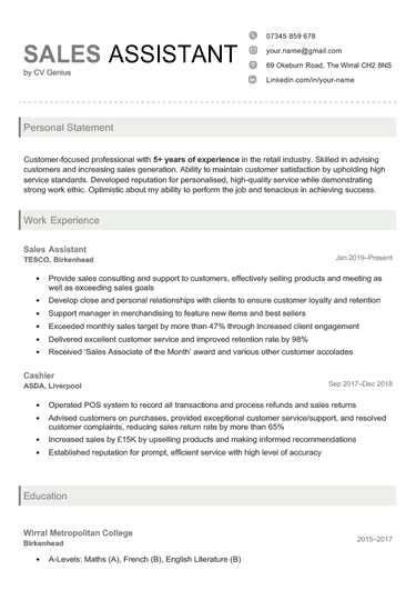 An example sales assistant CV
