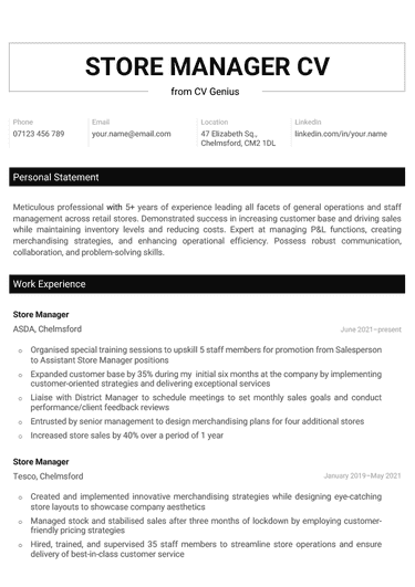 A black and white store manager CV with a horizontal header and sections featuring the candidate's contact information, personal statement and work experience
