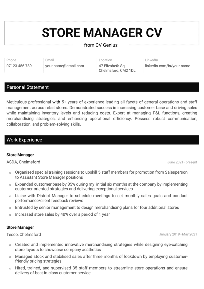 A black and white store manager CV with a horizontal header and sections featuring the candidate's contact information, personal statement and work experience