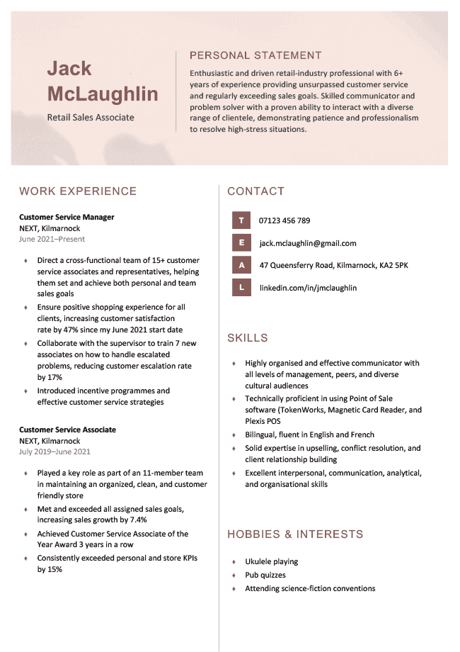 simple and basic CV template with a faded maroon header, personal information broken into two columns, page 1