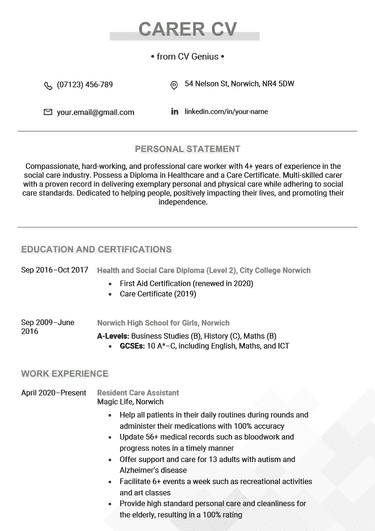 A carer CV example on a template with green bolded font and a faint gray bar behind them to accentuate the CV headings