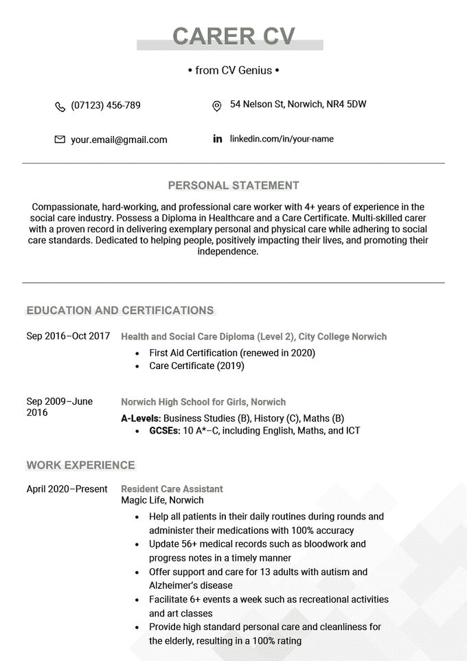 A carer CV example on a template with green bolded font and a faint gray bar behind them to accentuate the CV headings