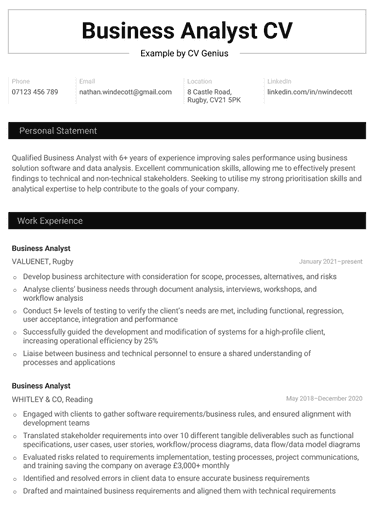A business analyst CV example with a black box outlining the applicant's name and black rectangles separating each section of the resume.