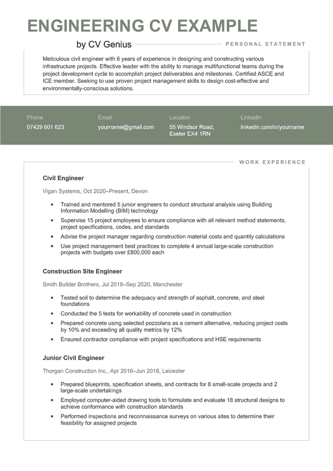The first page of an engineering CV example that shows sections for the applicant's personal statement, contact information, and three work experience entries