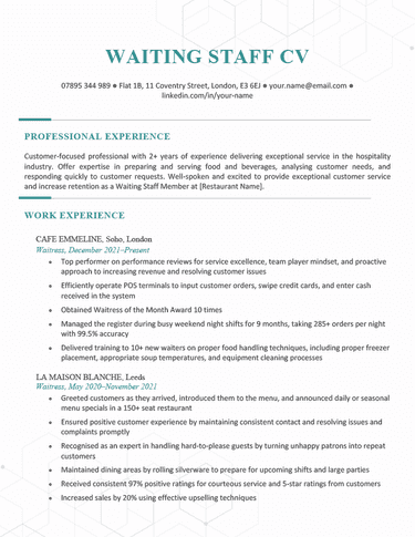 An example of a waiter or waitress CV on a template with blue font to accentuate each of the CV's headings