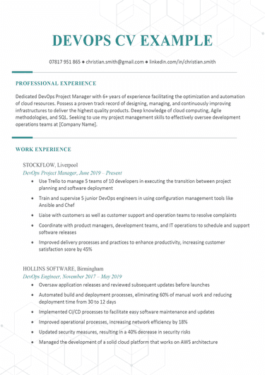 The first page of a turquoise DevOps CV example that shows the applicant's personal statement and work experience