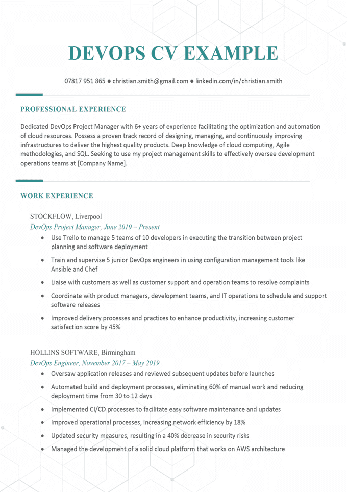 The first page of a turquoise DevOps CV example that shows the applicant's personal statement and work experience