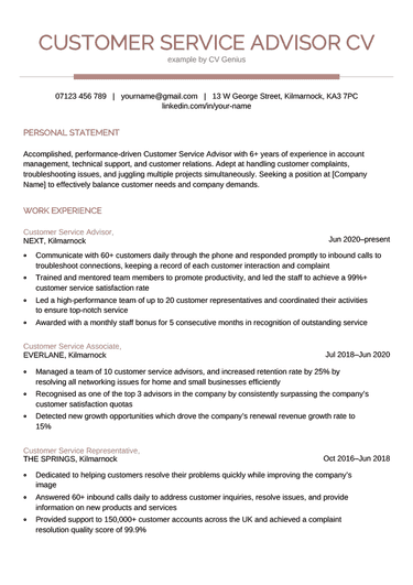 The first page of a customer service advisor CV example with a maroon centred header to highlight the applicant's name, followed by maroon headers to make the candidate's personal statement and work experience section stand out