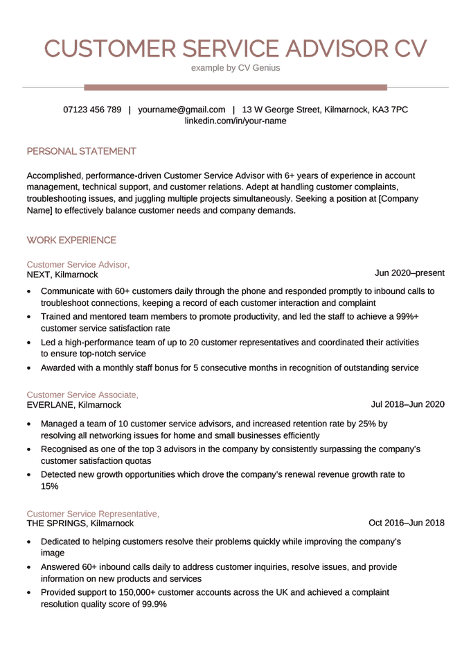 The first page of a customer service advisor CV example with a maroon centred header to highlight the applicant's name, followed by maroon headers to make the candidate's personal statement and work experience section stand out