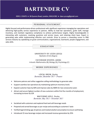 A bartender CV