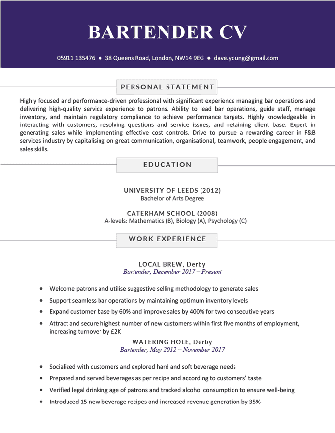 A bartender CV