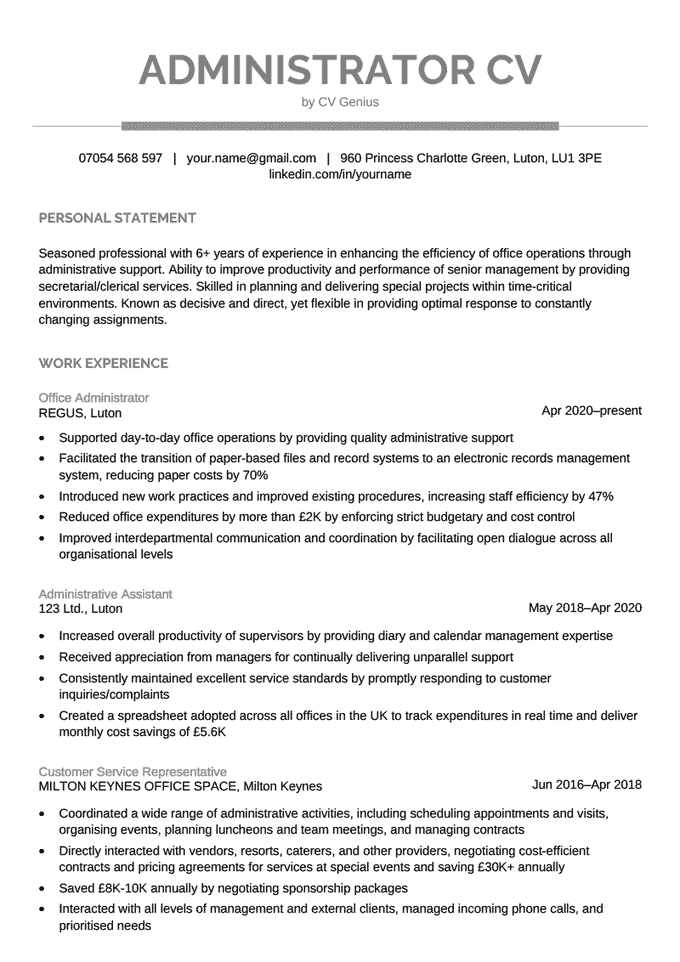 An administrator CV example
