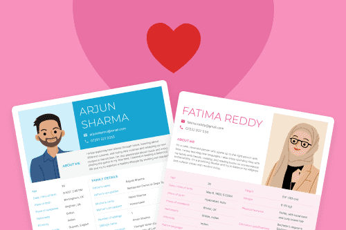 An example of two marriage CVs for a male and female applicant with a heart in the middle