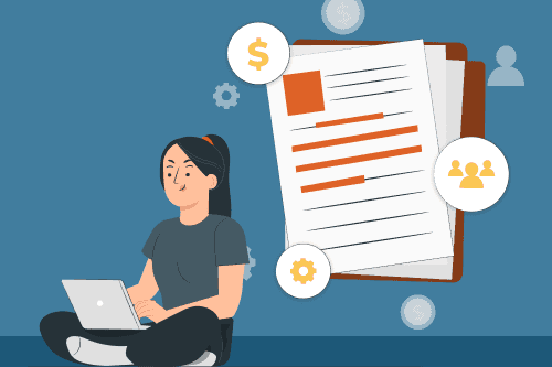 An illustration of a woman writing untrue information on a document to represent lying on a CV