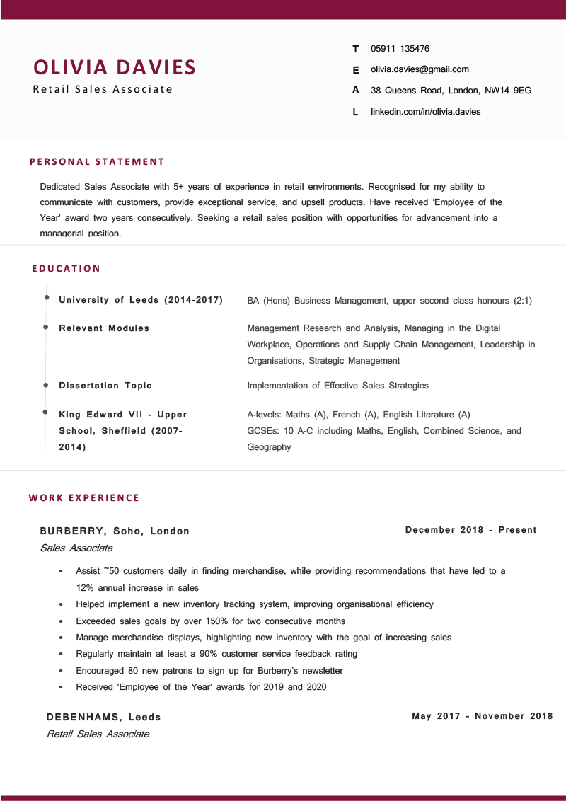 The Cambridge CV Template in burgundy