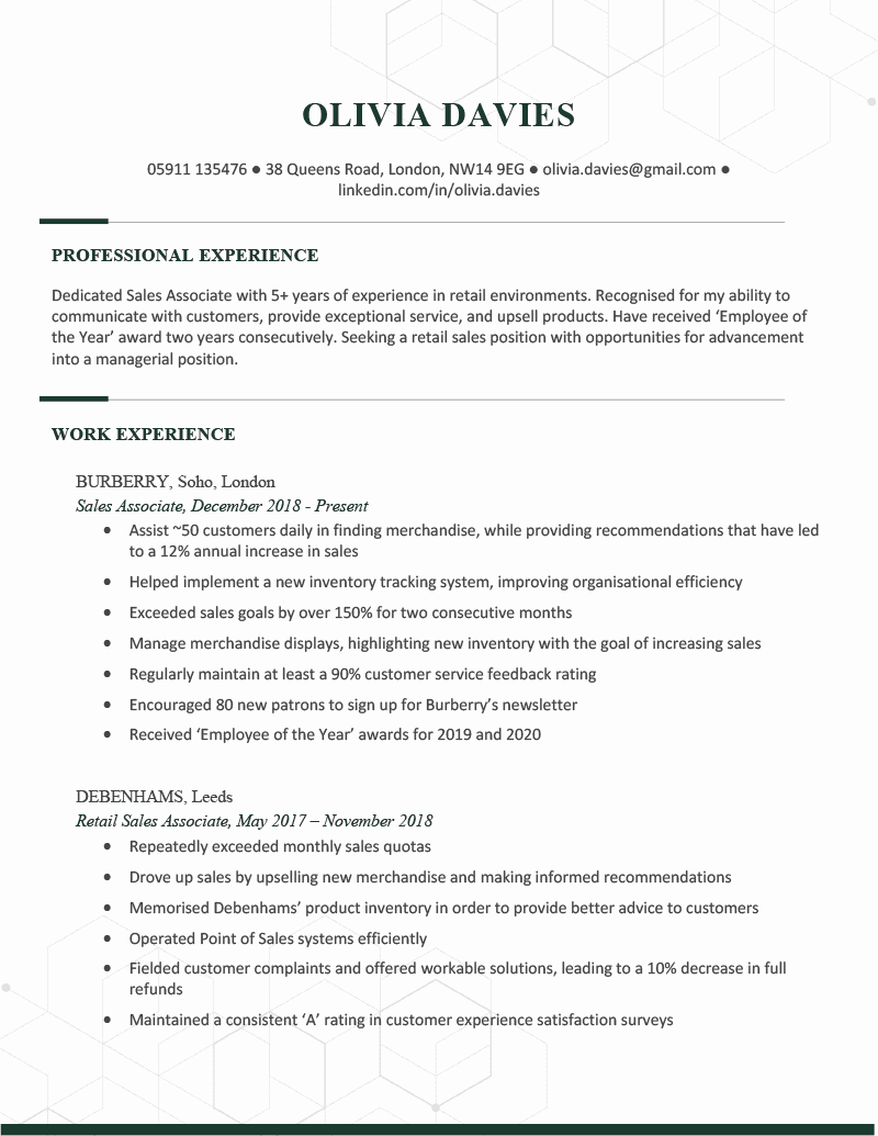 The Chelsea CV Template in green