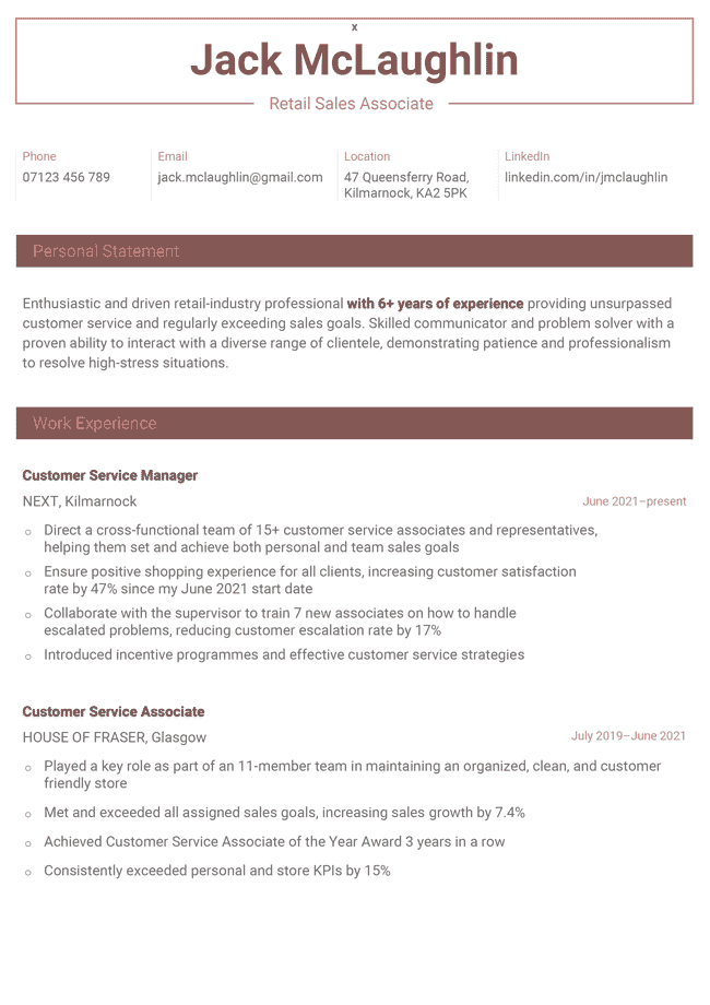 simple and basic CV template with a centered maroon header and a rectangular border, colourful blocked section headings, page 1