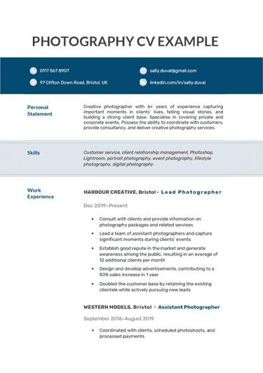 A photography cv example with a horizontal header and a horizontal blue contact information section