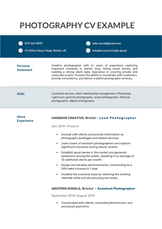A photography cv example with a horizontal header and a horizontal blue contact information section