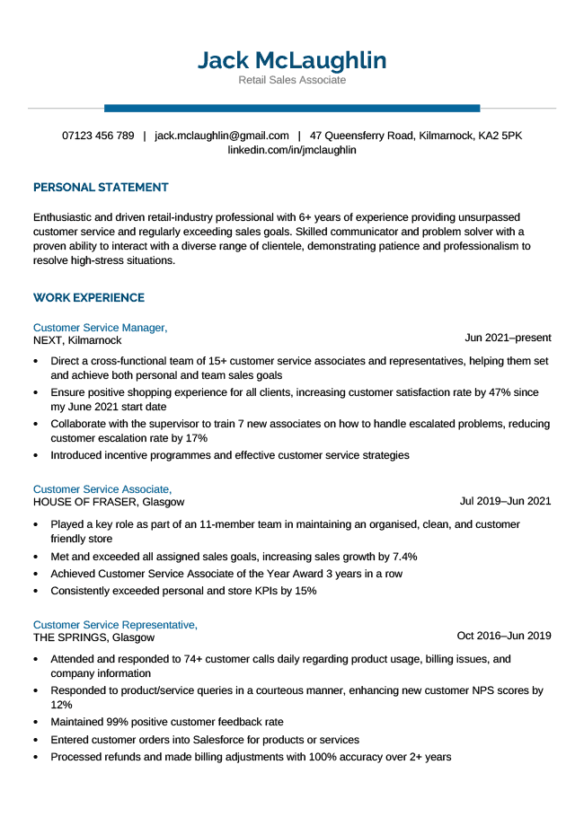 basic and simple CV template with a blue header and blue section heads, page 1