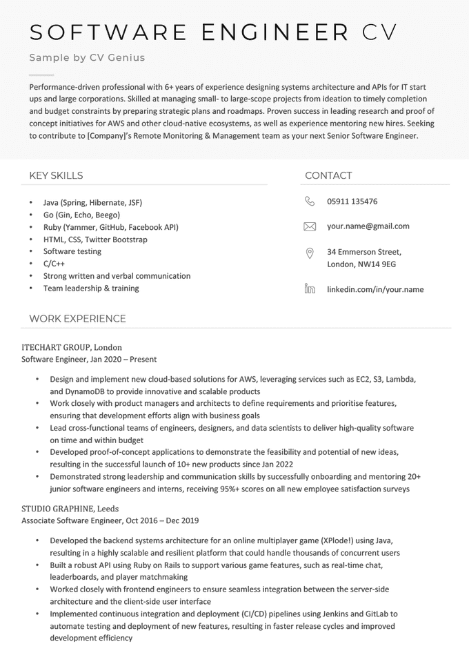 The first page of a software engineer CV example with a grey header and sections for the applicant's personal statement, contact information, key skills, and work experience