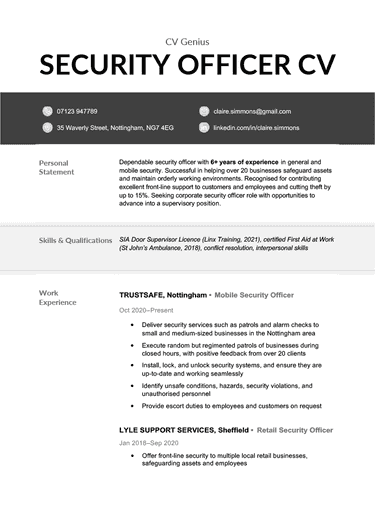 A security office CV template with simple black header