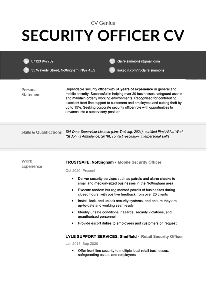 A security office CV template with simple black header