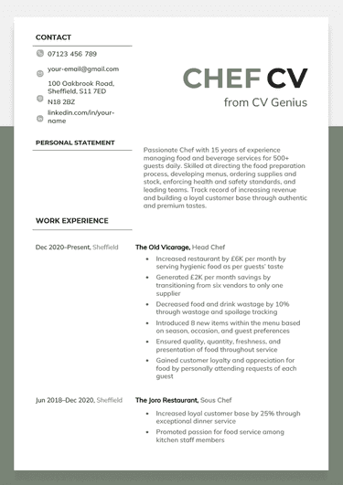Chef CV example template