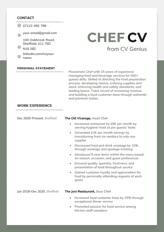Chef CV example template