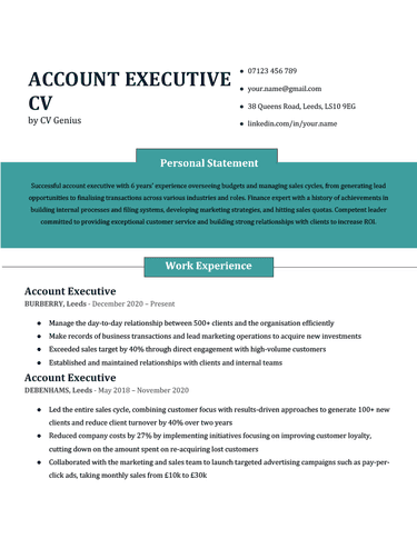 An account executive CV with a personal statement section highlighted in blue to make the candidate's most relevant qualifications stand out