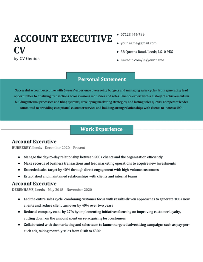 An account executive CV with a personal statement section highlighted in blue to make the candidate's most relevant qualifications stand out