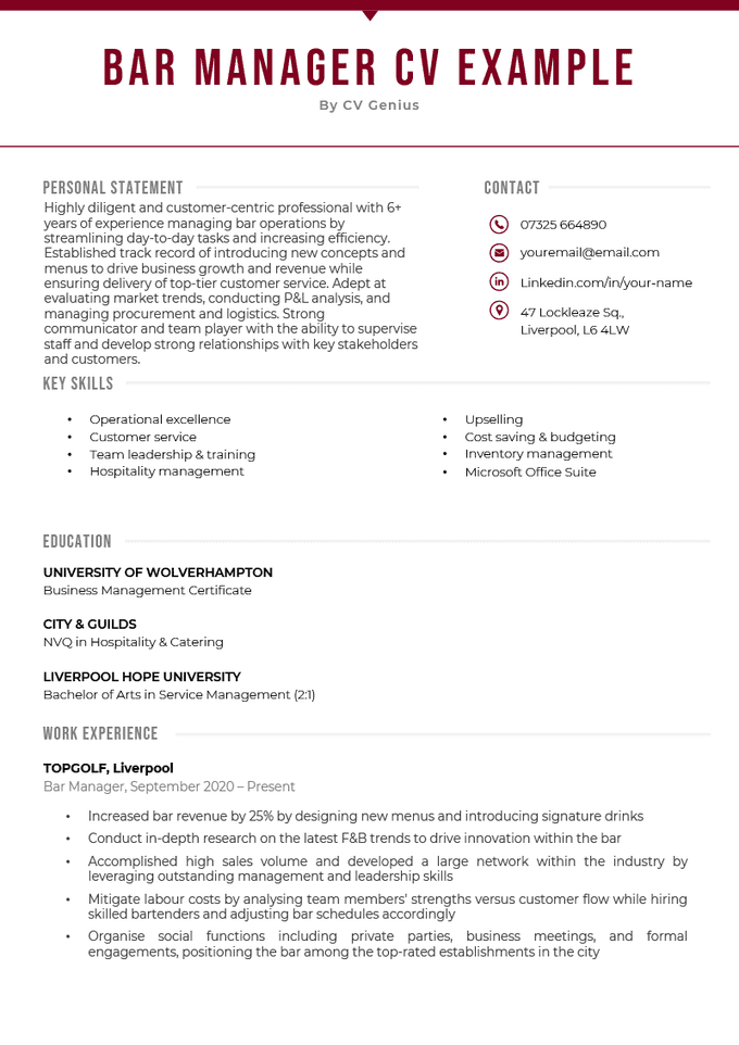 A simple, modern looking bar manager CV with a red horizontal header