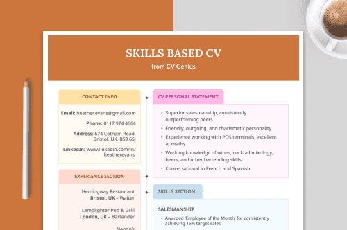 skills based CV with four CV sections displayed as a featured image